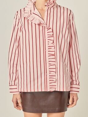 English Factory Ruffled Stripe Button-Up Shirt in Pink/Burgundy